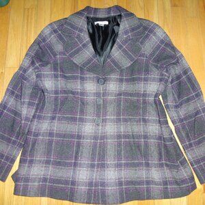 Pendleton Women's Wool 3-Button Peacoat Gray Purple Plaid - Size 18